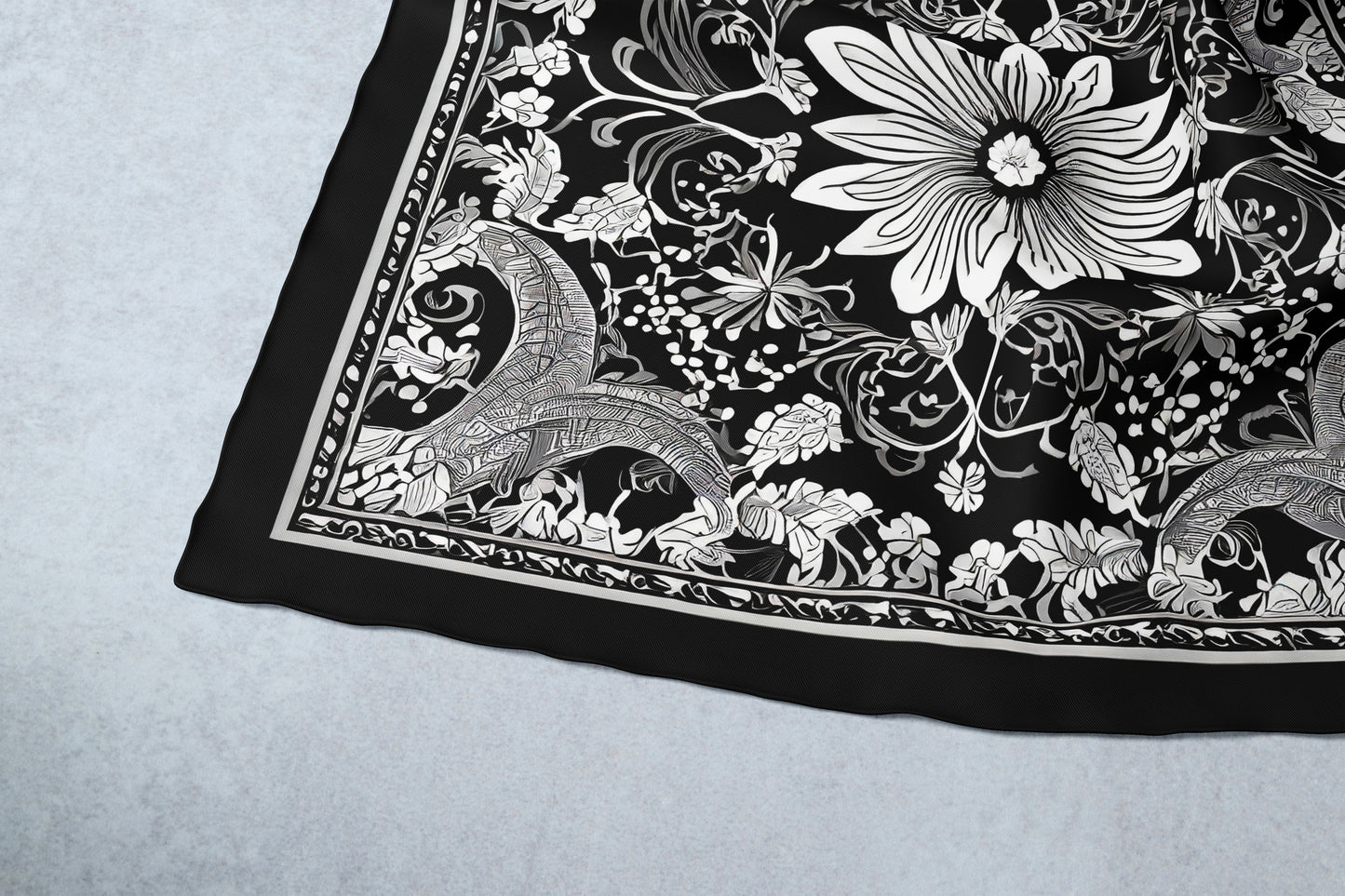Monochrome Blossom Hand-rolled Silk Twill Scarf