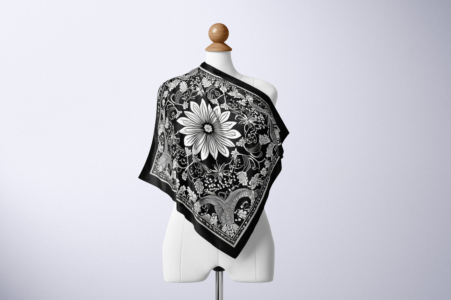 Monochrome Blossom Hand-rolled Silk Twill Scarf