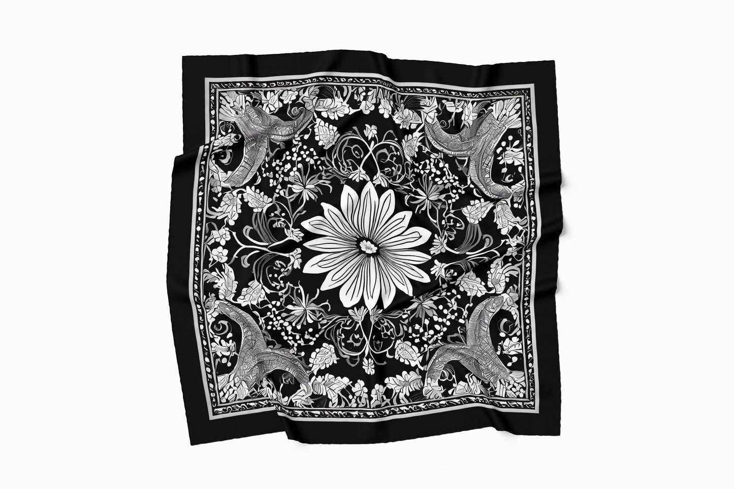 Monochrome Blossom Hand-rolled Silk Twill Scarf