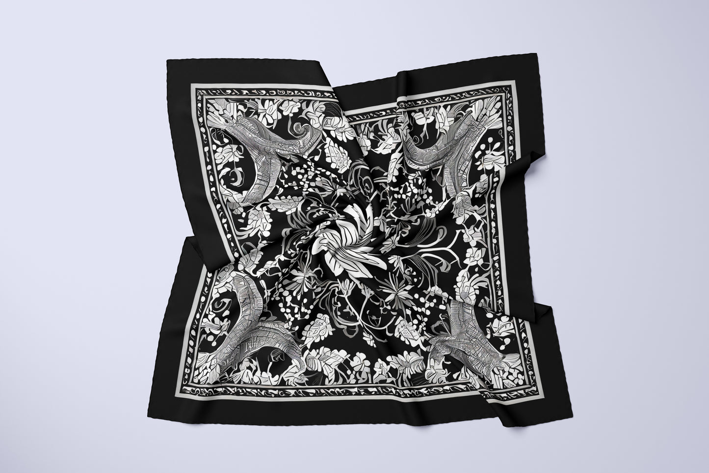 Monochrome Blossom Hand-rolled Silk Twill Scarf
